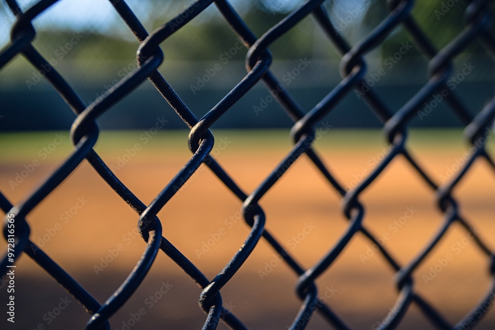 Close-up view of a chain link fence surrounding a baseball field during a sunny afternoon Close-up view of a chain link fence surrounding a baseball field during a sunny afternoon