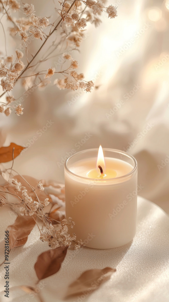 A candle is lit in a glass container on a table A candle is lit in a glass container on a table
