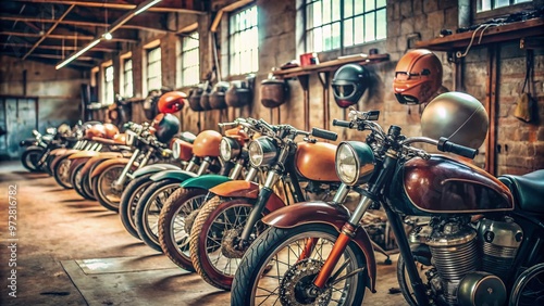 Vintage motorcycles lined up in a rustic workshop, adorned with classic helmets, gloves, and vintage motorcycles, photo