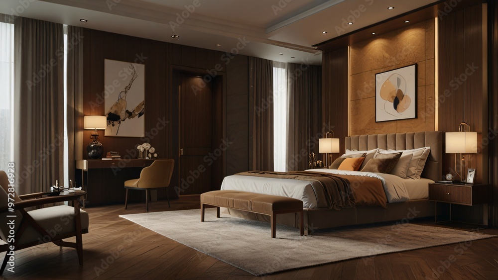 Modern Bedroom Interior Design with Wooden Floor Beige Carpet and Stylish Furniture Modern Bedroom Interior Design with Wooden Floor Beige Carpet and Stylish Furniture