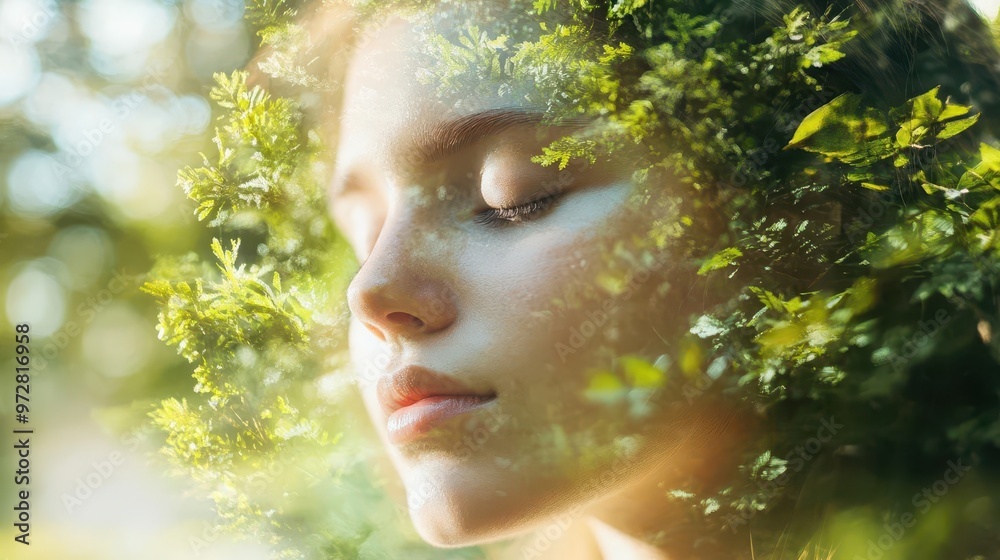 double exposure portrait of womans face blended with lush forest canopy soft ethereal lighting emphasizes connection between humanity and nature eyes closed in serene expression double exposure portrait of womans face blended with lush forest canopy soft ethereal lighting emphasizes connection between humanity and nature eyes closed in serene expression