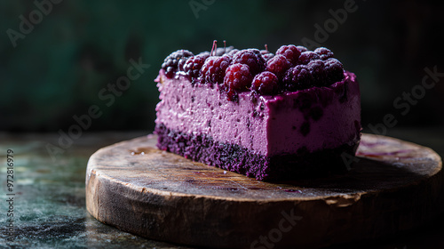 Close-up of purple berry cake slice on a worn wooden board with soft natural light and dark green background
 photo