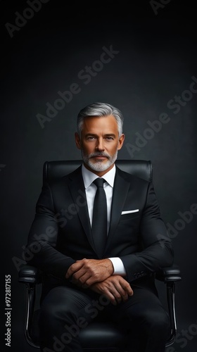 A handsome man in his fifties dressed in an elegant black suit and tie, celebrating boss day, business attire, leadership