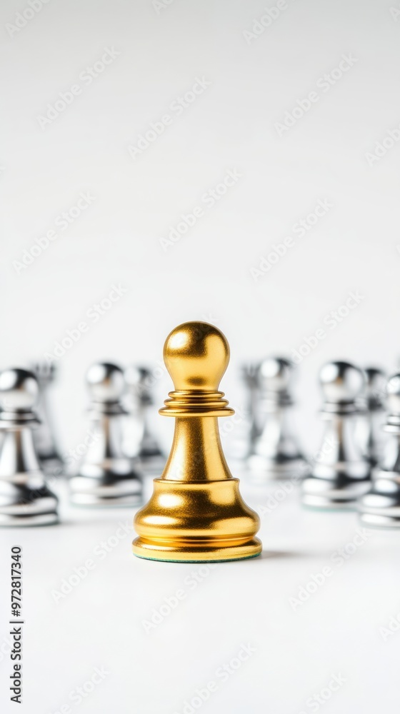 A golden chess piece stands out among silver ones on a white background, strategy, celebrating boss day, strategy game A golden chess piece stands out among silver ones on a white background, strategy, celebrating boss day, strategy game