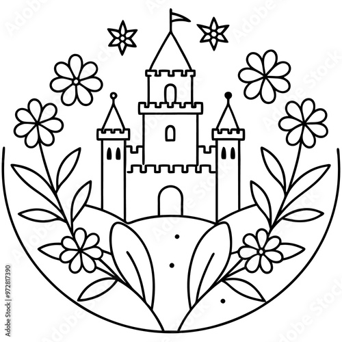 castle with flowers outline coloring book page line art drawing