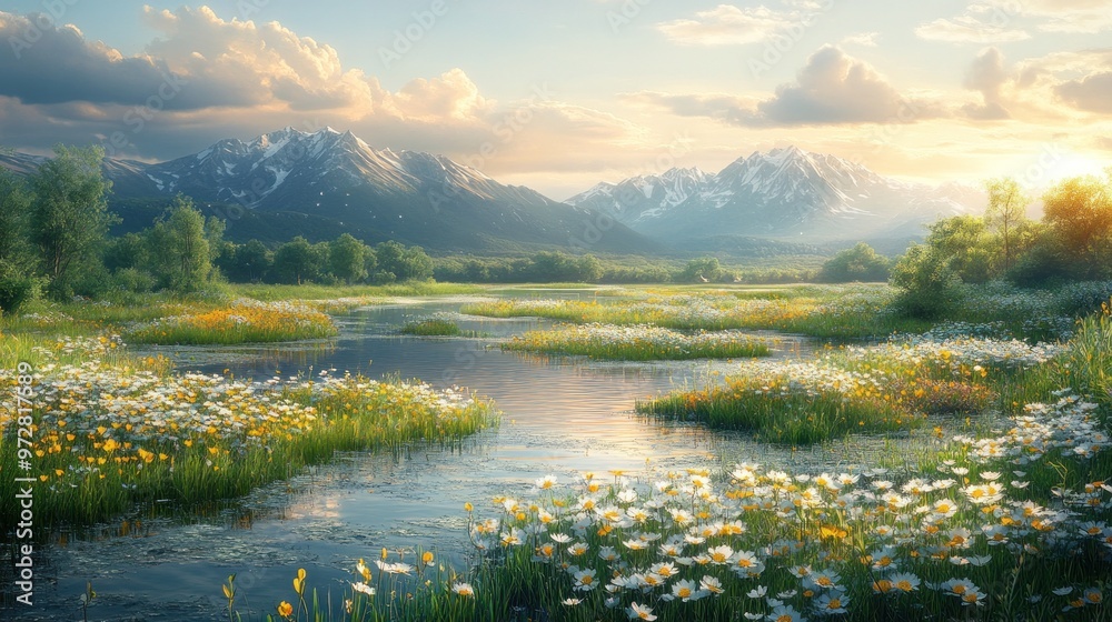 Fototapeta premium Serene landscape with mountains, flowing river, and blooming flowers.