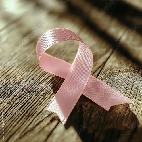 A close-up of a ribbon symbolizing cancer awareness, lying on a wooden surface with a soft light casting shadows photo