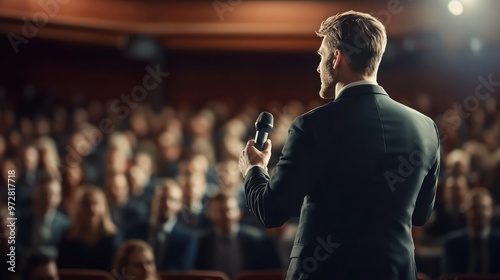 Confident man in business attire giving a speech in an auditorium, celebrating boss day, public speaking, executive presence