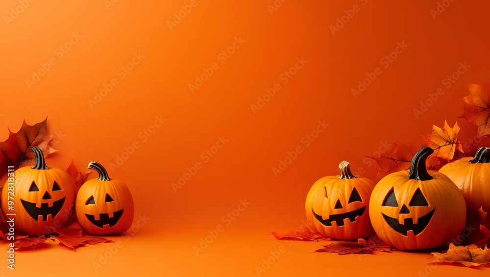 Happy Halloween! Jack-o'-lanterns and fall leaves on orange background.