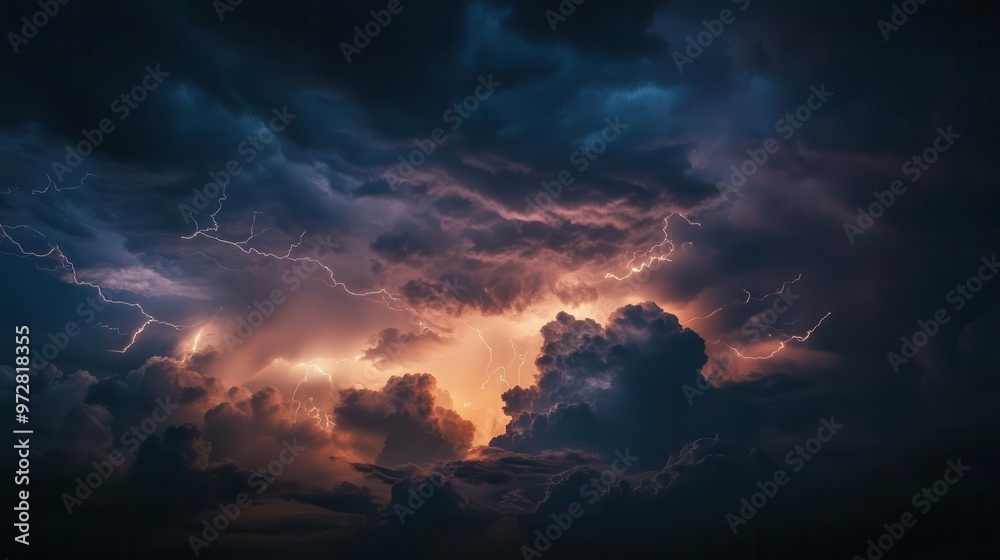 Naklejka premium dramatic night sky illuminated by forking lightning bolts intense electrical energy radiates across dark storm clouds creating a powerful and aweinspiring scene