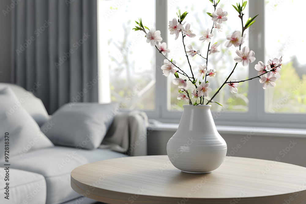 Close up of ceramic vase with blossom twigs on round wooden coffee table against grey sofa and window interior design 3d render. Generative Ai. Close up of ceramic vase with blossom twigs on round wooden coffee table against grey sofa and window interior design 3d render. Generative Ai.