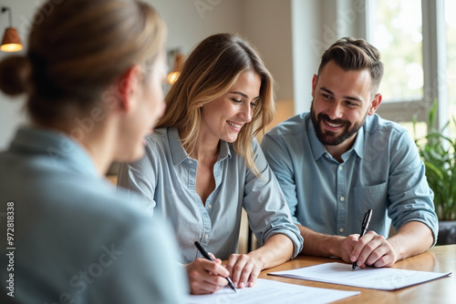 Young couple signing rental contract with real estate agent at apartment viewing