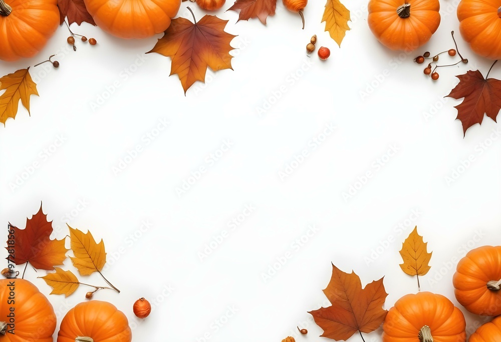 Autumn pumpkins and leaves on a white background, with copy space in the center. Autumn pumpkins and leaves on a white background, with copy space in the center.