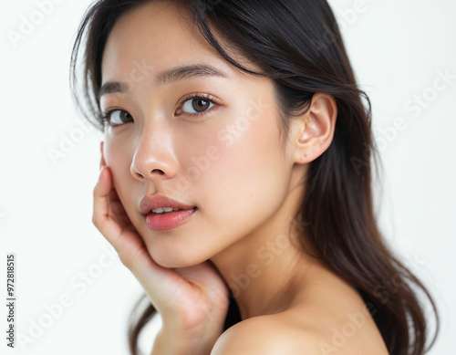 Beauty portrait of a young Asian woman in natural light against a plain white background.






 photo