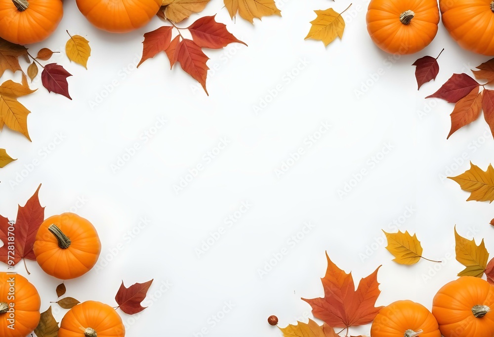 Autumn pumpkins and leaves on a white background, with copy space in the center. Autumn pumpkins and leaves on a white background, with copy space in the center.