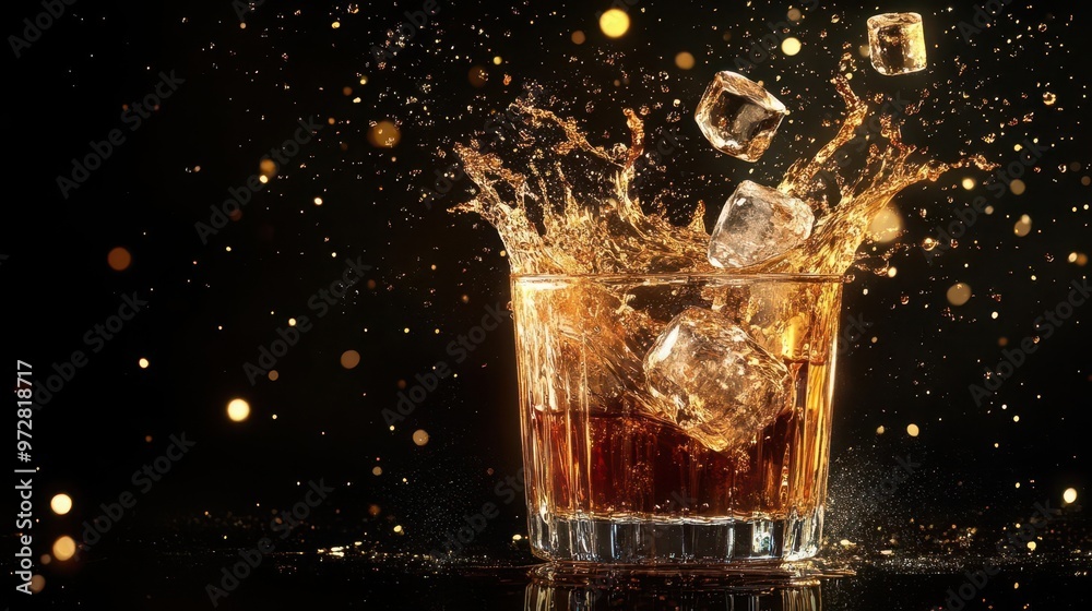 dramatic splash of amber whiskey erupting from a crystal tumbler ice cubes suspended midair set against a deep black background with golden highlights dramatic splash of amber whiskey erupting from a crystal tumbler ice cubes suspended midair set against a deep black background with golden highlights