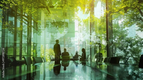 Blurred background of people walking in a modern office building with green trees and sunlight , eco friendly and ecological responsible business concept image with copy space