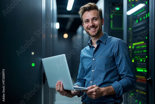 Portrait of Happy Engineer using Laptop in Data Center Server Room