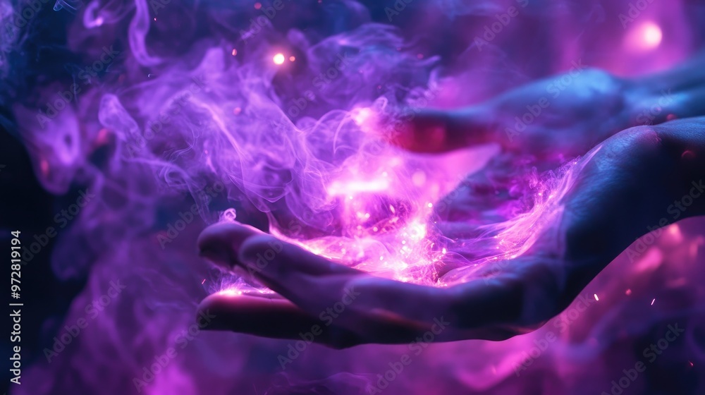 Close-up of hands cupped around a glowing orb, surrounded by purple smoke and light. Close-up of hands cupped around a glowing orb, surrounded by purple smoke and light.