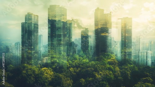 dreamlike double exposure merging lush forest canopy with modern city skyline symbolizing urban sustainability and green architecture