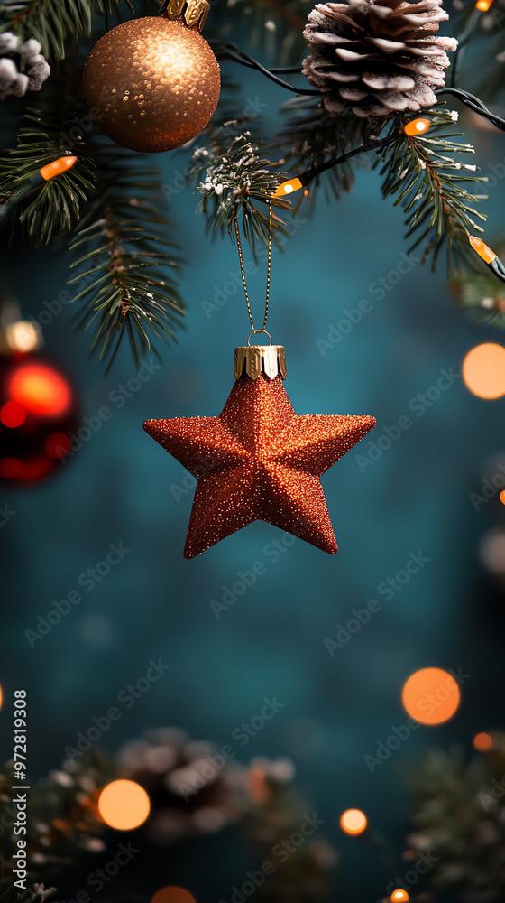 A beautiful decorative star ornament hanging from a Christmas tree branch, surrounded by festive lights and pine cones.