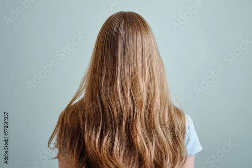 Back view of a girl with long, shiny hair wearing a light blue shirt against a teal background