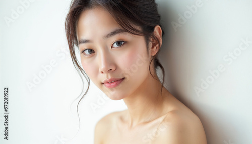 Beauty portrait of a young Asian woman in natural light against a plain white background.