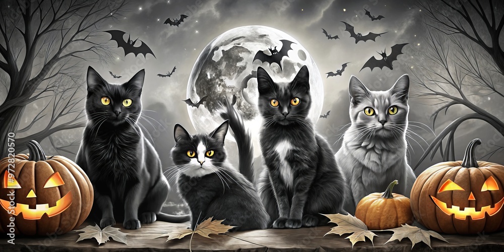 Black and white illustration designs Halloween spooky cat animals Black and white illustration designs Halloween spooky cat animals