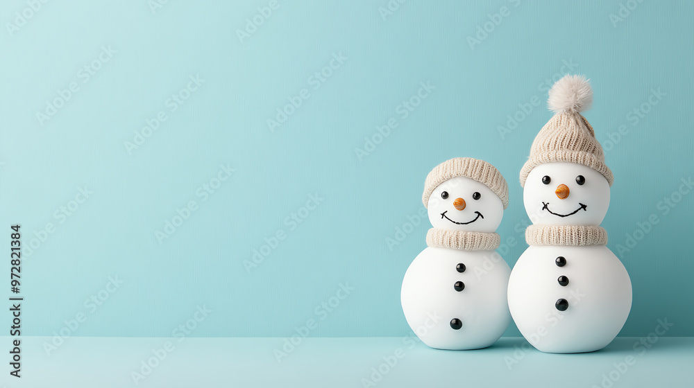Cheerful snowmen with hats and smiles stand against a soft blue background, perfect for winter holiday themes and festive decorations. Cheerful snowmen with hats and smiles stand against a soft blue background, perfect for winter holiday themes and festive decorations.