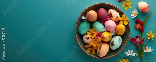 Artistic overhead shot of a bowl filled with colorful Easter eggs adorned with spring flowers.
