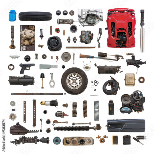 Disassembled car engine parts and components transparent background