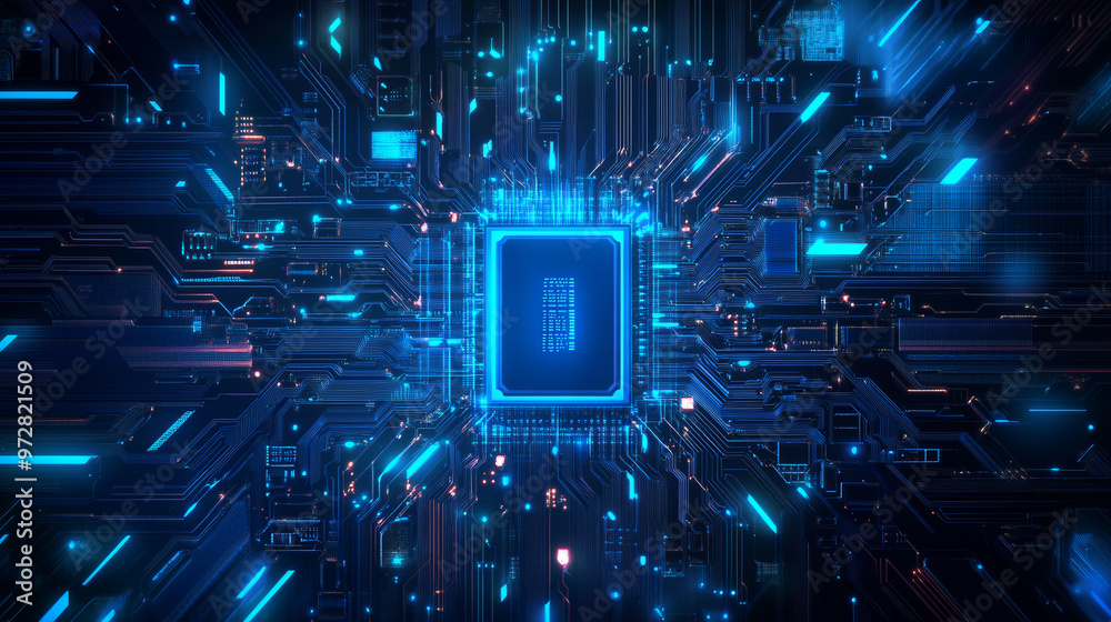 A detailed vector illustration featuring a technology circuit board and processor, highlighting an AI chip or CPU semiconductor. The design incorporates thin circuit lines against a digital background A detailed vector illustration featuring a technology circuit board and processor, highlighting an AI chip or CPU semiconductor. The design incorporates thin circuit lines against a digital background