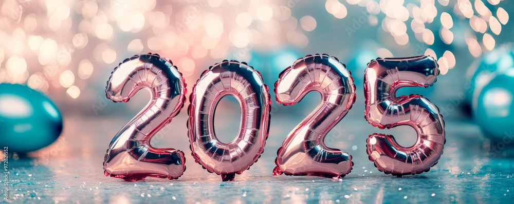 Pink 2025 Balloons with Soft Glitter Background Pink 2025 Balloons with Soft Glitter Background