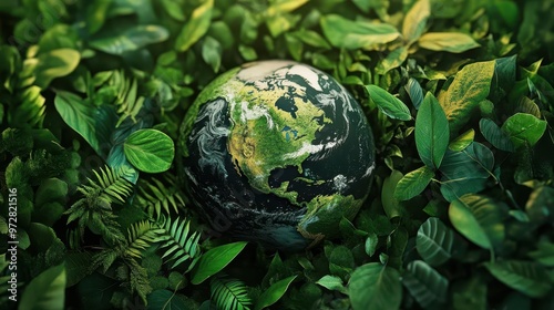 earth day ecoconcept 3d globe surrounded by lush green leaves environmental awareness visual sustainable planet imagery natural textures photo