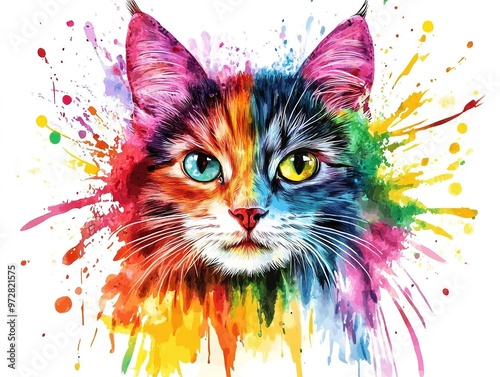 Colorful cat face watercolor with paint splashes on an isolated background.