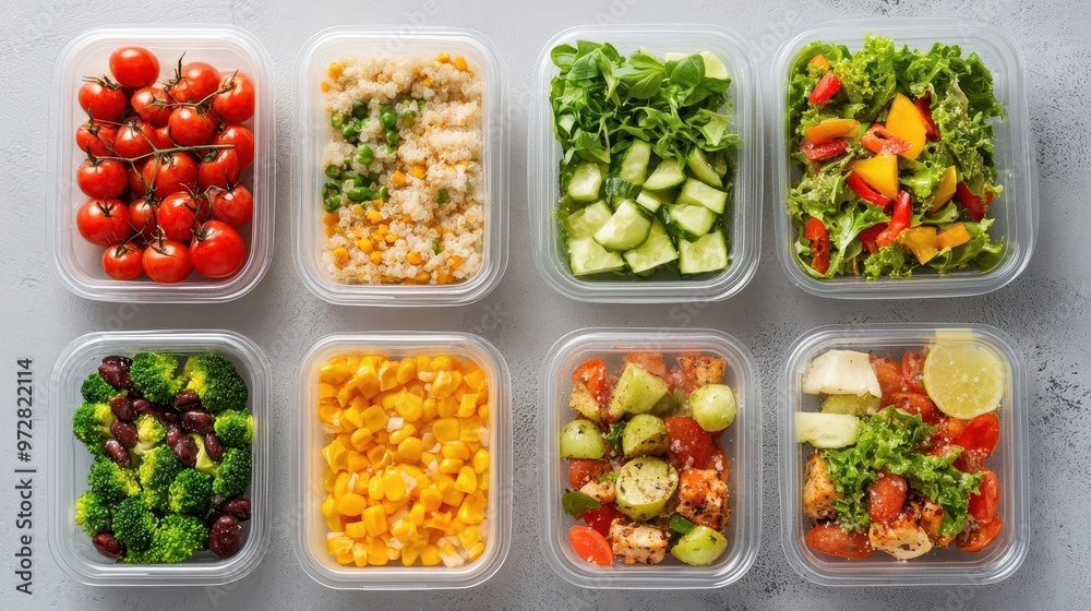 ecofriendly takeaway food containers fresh salads and healthy meals disposable packaging arranged on grey background ecofriendly takeaway food containers fresh salads and healthy meals disposable packaging arranged on grey background