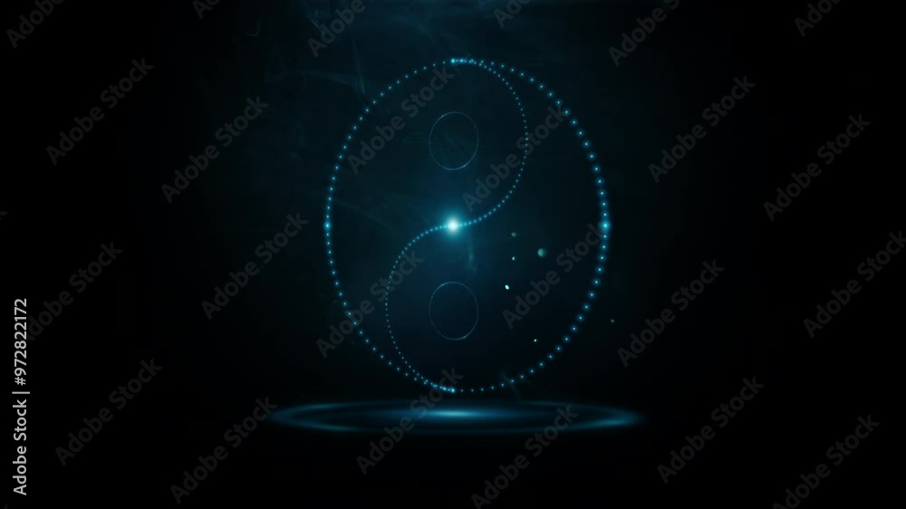 Glowing neon Yin Yang symbol made of many small blue flashing dots, lights rotating in smoke and flying dust in the dark. Sacred geometry. Composite 4K looping video with 3D animation. Glowing neon Yin Yang symbol made of many small blue flashing dots, lights rotating in smoke and flying dust in the dark. Sacred geometry. Composite 4K looping video with 3D animation.