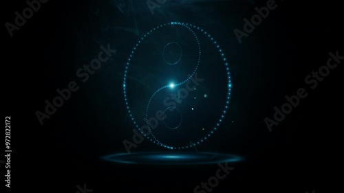 Wallpaper Mural Glowing neon Yin Yang symbol made of many small blue flashing dots, lights rotating in smoke and flying dust in the dark. Sacred geometry. Composite 4K looping video with 3D animation. Torontodigital.ca