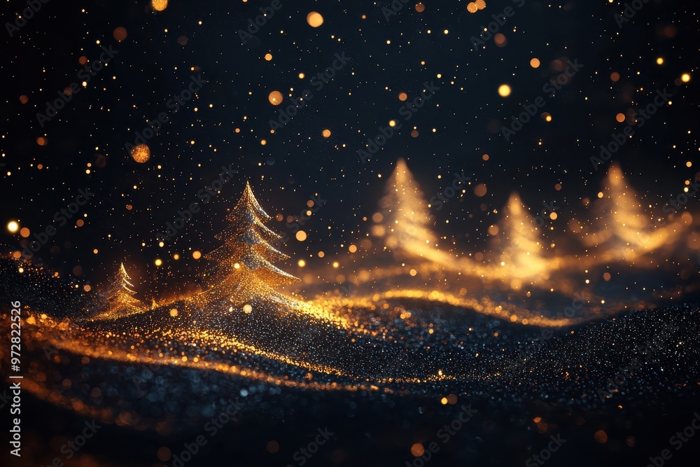 Naklejka premium Glowing magical landscape with shimmering golden lights and trees