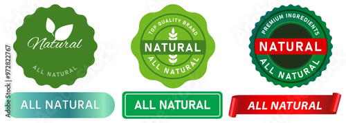 All natural stamp green badge logo packaging information ingredients claim guarantee sticker mark design set collection