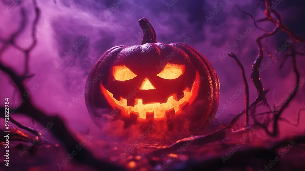 Naklejka premium eerie jackolantern glowing in misty darkness shadowy branches framing scene orange and purple color palette with ample negative space