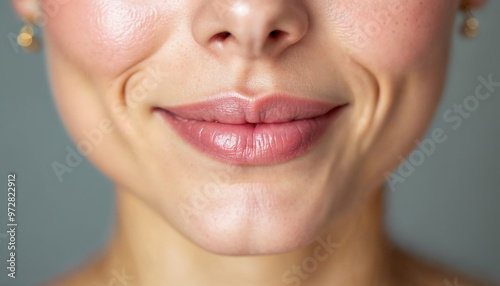 Close-up of a woman’s lower face focusing on her plump, well-maintained lips with a neutral background.