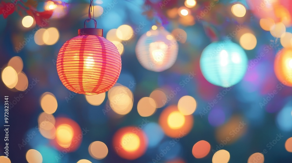 Colorful paper lanterns hanging from a tree branch with a blurred background of lights. Colorful paper lanterns hanging from a tree branch with a blurred background of lights.