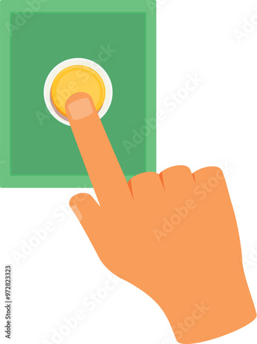 Cartoon style hand pressing a yellow button on a green control panel