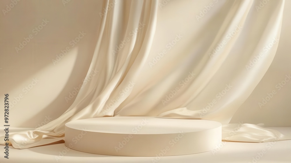 elegant 3d display podium with floating silk fabric soft beige background subtle shadows minimalist aesthetic luxurious product showcase