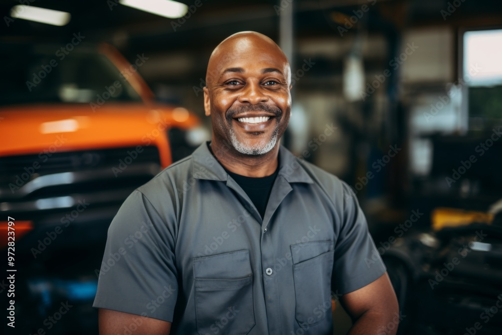 Obraz premium Portrait of a middle aged African American mechanic in shop