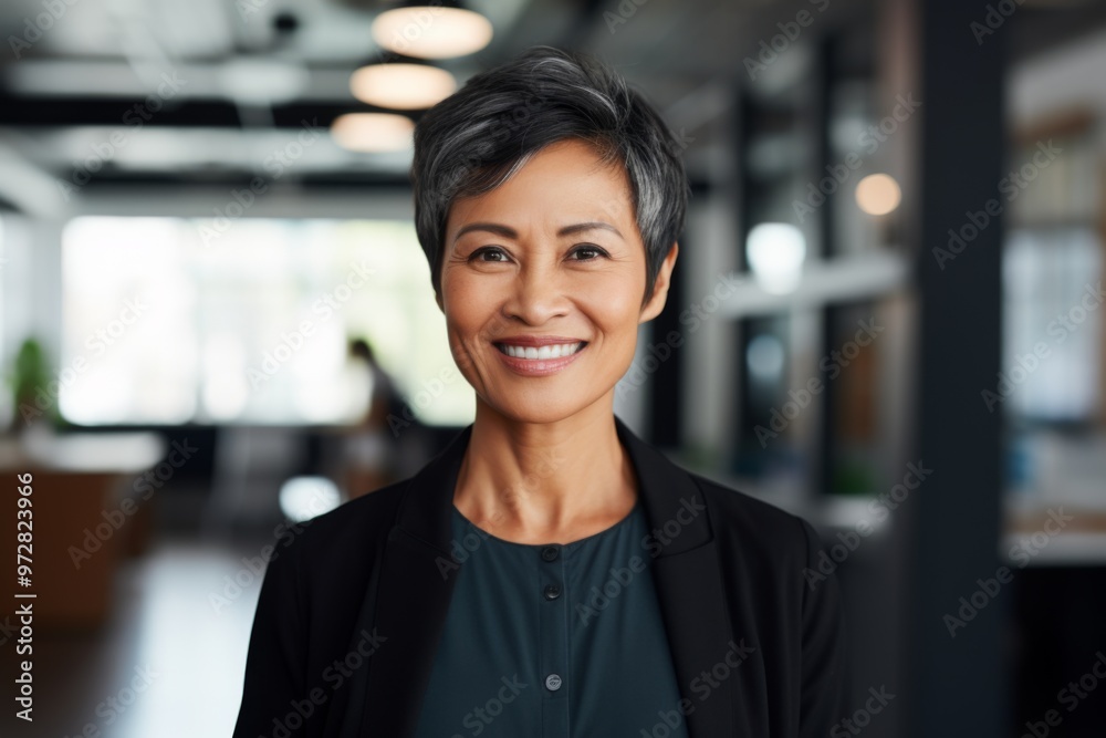 Portrait of a smiling senior Asian businesswoman with short hair in office Portrait of a smiling senior Asian businesswoman with short hair in office