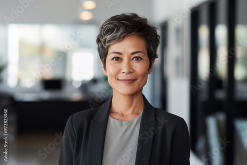 Portrait of a smiling senior Asian businesswoman with short hair in office