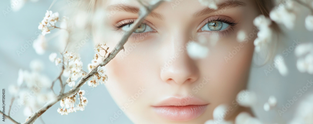 Close-up Portrait of a Young Woman Surrounded by Pink Blossoms Close-up Portrait of a Young Woman Surrounded by Pink Blossoms