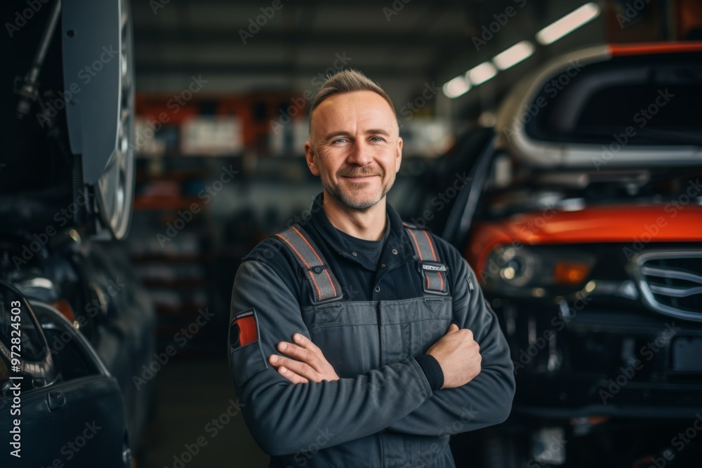 Portrait of a middle aged Caucasian mechanic in shop